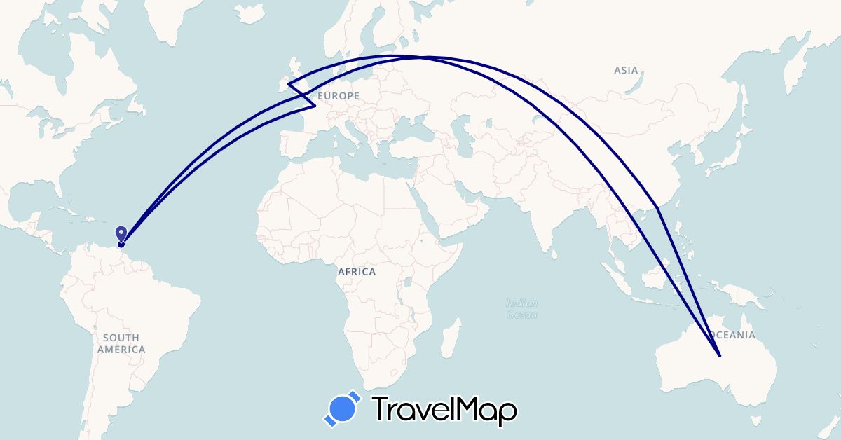 TravelMap itinerary: driving in Australia, China, France, United Kingdom, Ireland, Trinidad and Tobago (Asia, Europe, North America, Oceania)